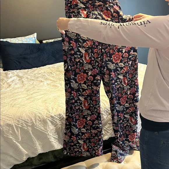 Floral Smocked Jumpsuit with Puff Sleeves - Navy Base with Red & Cream Flowers - Picture 3 of 5